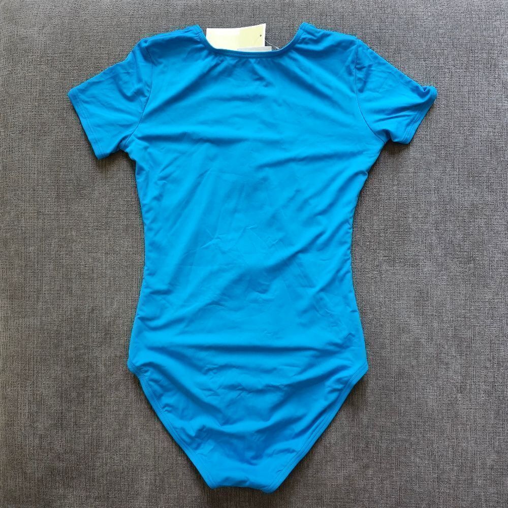 Michael Kors Blue Rashguard Short Sleeve Front Zip One-Piece Swimsuit size 10 - Picture 6 of 11